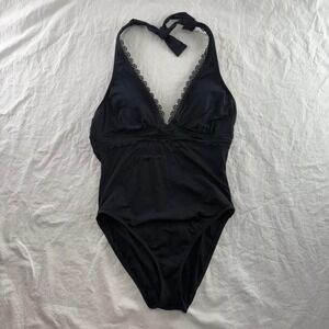 Anne Cole One Piece V-Neck Ruffle Trim Black Swimsuit Womens Sz 12 Resort Beach